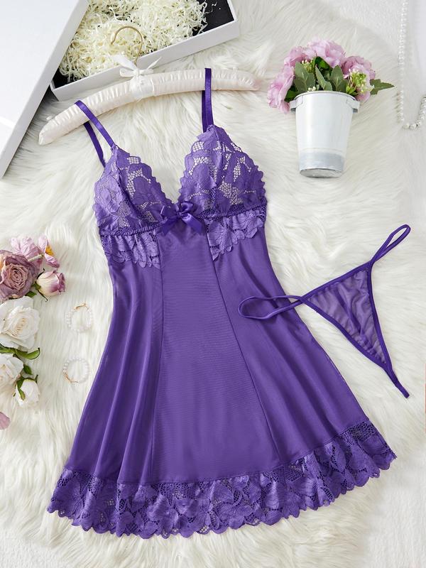 Women's Contrast Lace Cami Nightdress & Thong Sexy Sleepwear Two-Piece Set, Comfy Spaghetti Strap Nighty Dress & Panty Set, Ladies Sleepwear for All Seasons