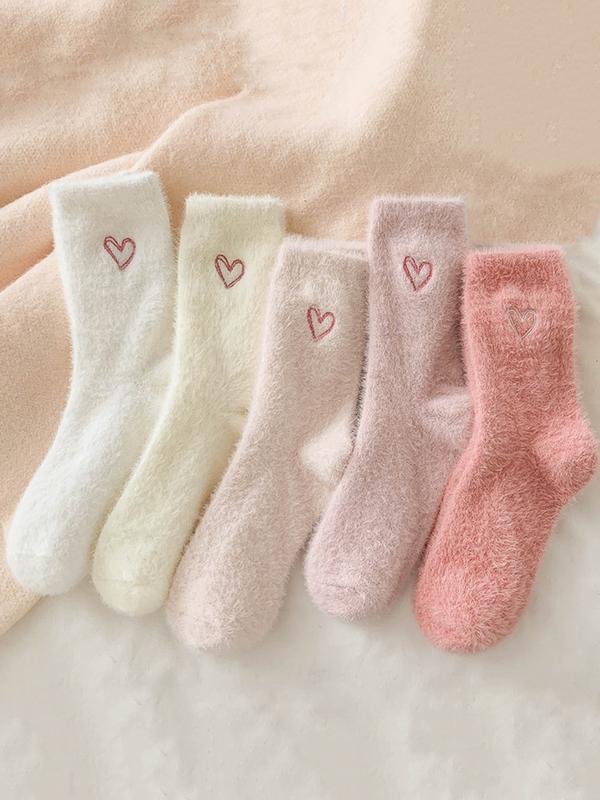 Women's Heart Jacquard Mid-calf Socks, Casual Soft Comfy Breathable Socks for Fall & Winter, Women's Socks for Daily Wear