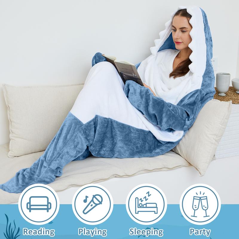 Shark Blanket Hoodie Onesie for Adults and Kids, Cozy Flannel Shark Costume Shark Sleeping Bag Loungewear Pajama