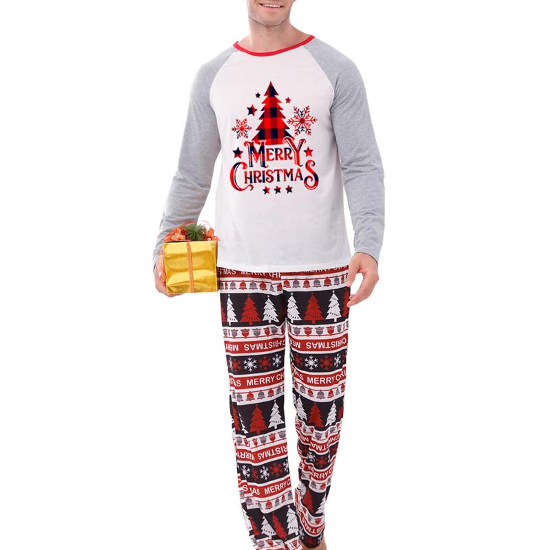 Matching Christmas Pajamas For Family Christmas Tree Letters Print Long Sleeve Tops and Stretch Casual Pants Sleepwear