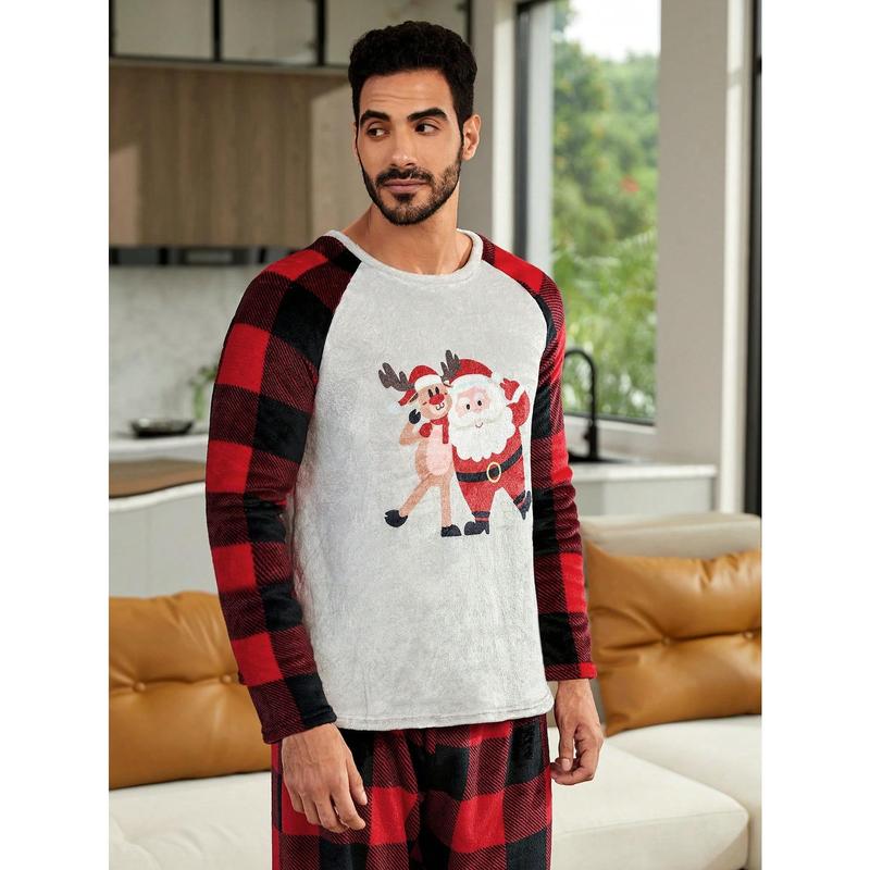 CoupledUp 1pc Christmas Print Raglan Sleeve Tee & 1pc Buffalo Plaid Print Pants PJ Set   Pajama Set