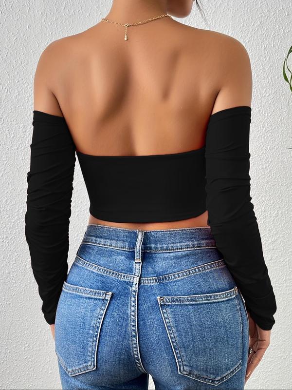 Women's Y2k Solid Off Shoulder Crop Tee, Fall Outfits, T Shirts for Women, Fallfreshness Elegant Ruched Drawstring Front Cropped Tee for Daily Dating Wear, Ladies Clothes for All Seasons