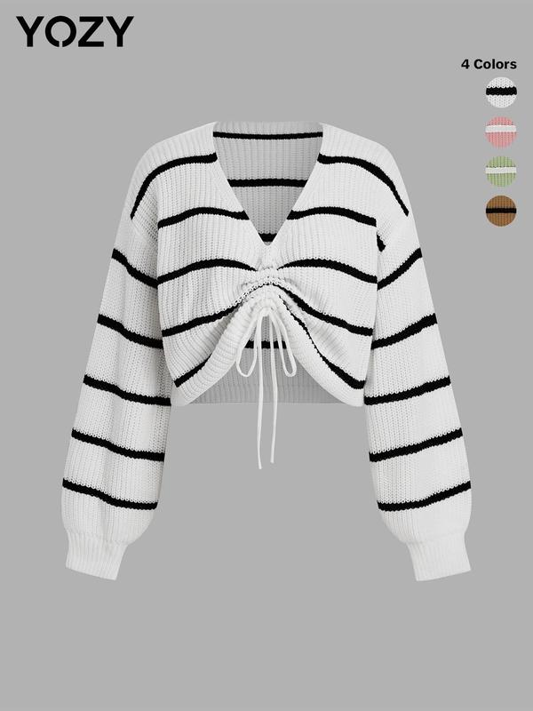 YOZY Christmas Deals, Striped Print Drawstring V Neck Crop Sweater  Casual Bishop Sleeve Ruched Jumper, 2024 Women's Fall & Winter Outfits for Daily Wear, Christmas 2024 Trend, Fall & Winter Clothes