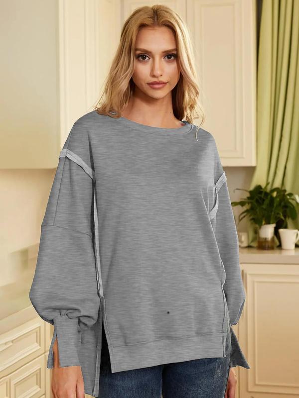 Women's Plain High Low Drop Shoulder Sweatshirt, Sweatshirts for Women, Casual Long Sleeve Round Neck Pullover for Fall & Winter, Ladies Clothes for Daily Wear