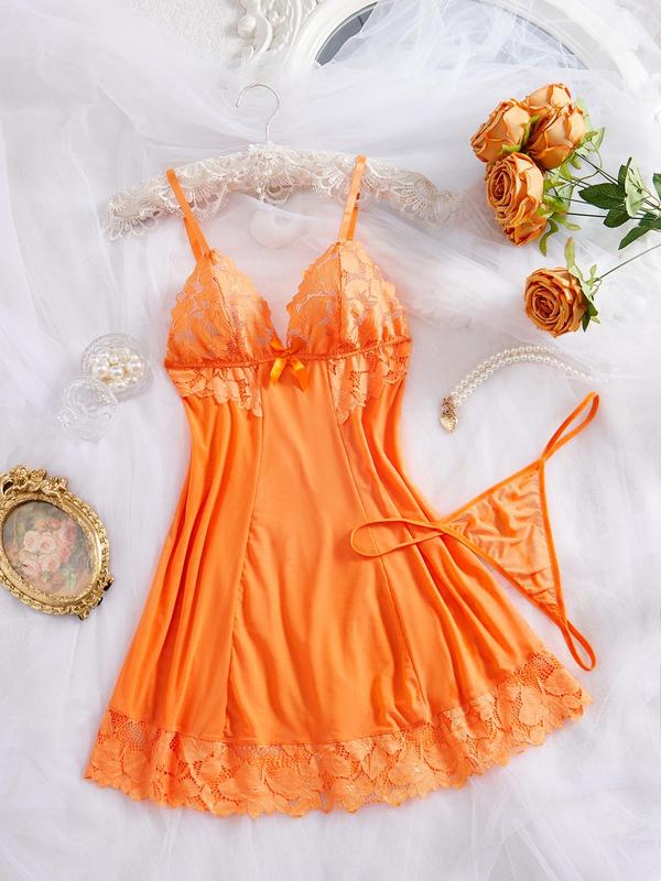 Women's Contrast Lace Cami Nightdress & Thong Sexy Sleepwear Two-Piece Set, Comfy Spaghetti Strap Nighty Dress & Panty Set, Ladies Sleepwear for All Seasons