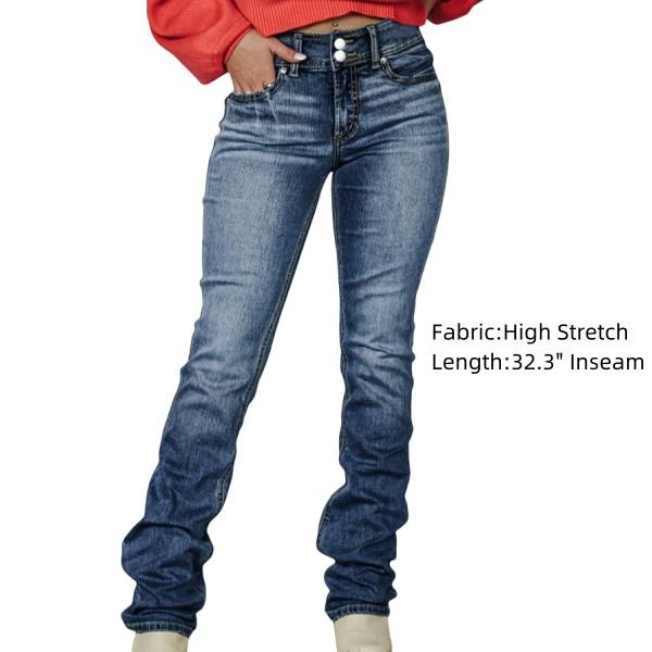 Washed Flap Pocket Mid Waist Bootcut Jeans Comfort Casual Womenswear