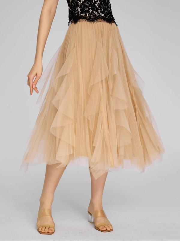 Women's Plain Draped Ruffle Pleated Tulle Vintage Skirt, Elegant Midi A-line Skirt for Party Dating Wear, Ladies Spring & Fall Bottoms