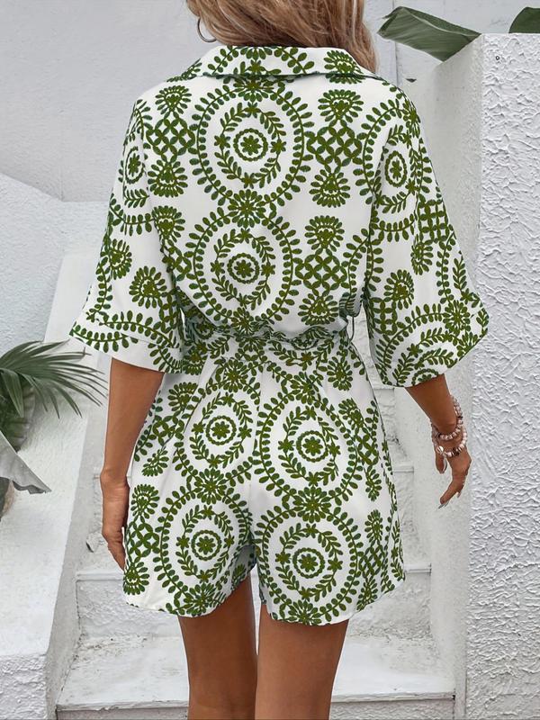 Women's Ethnic Pattern Belted Button Front Vintage Romper, Boho Batwing Sleeve Collar Romper for Beach Holiday Vacation, Ladies Clothes for All Seasons