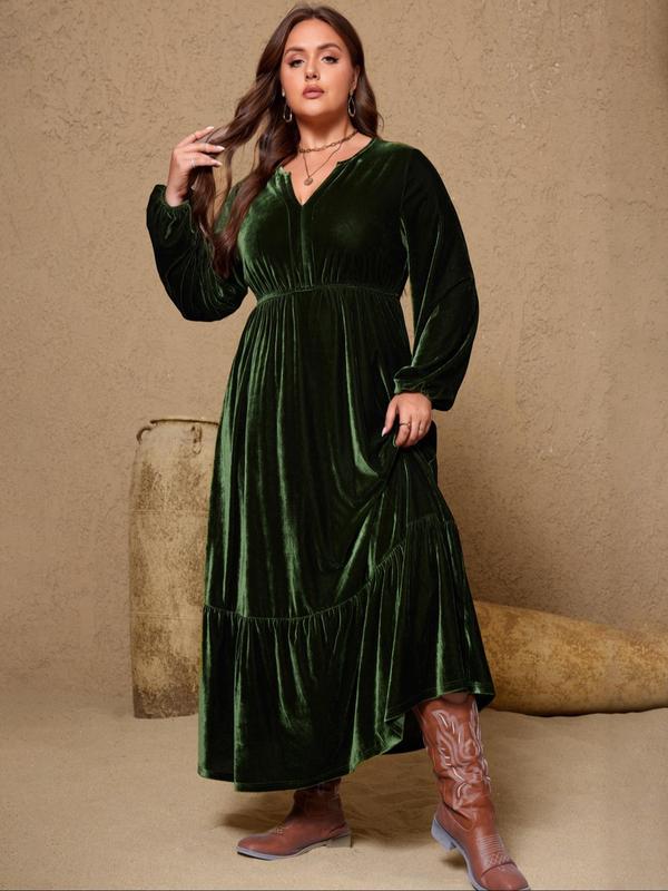  Solid Notched Neck Velvet Dress, Elegant Bishop Sleeve Ruffle Hem Dress for Party Holiday Wedding Guest, Plus Size Women's Clothing, Women's Clothes for Fall & Winter