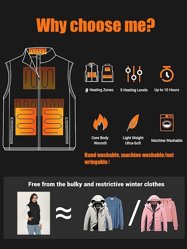 Women's Solid Zip Up Heated Vest, Casual Pocket Design Funnel Neck Thermal Outerwear for Fall & Winter, Women's Clothing for Daily Wear