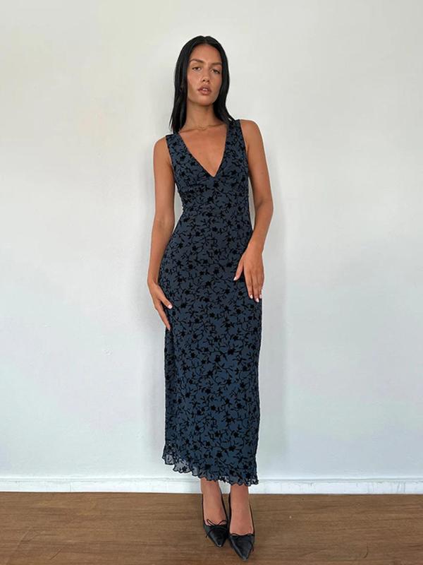 Women's Floral Print Deep V Neck A Line Vintage Dress, Elegant Sleeveless Bodycon Long Dress, Ladies Clothes for Party Holiday Wedding Guest, Dresses for Women, Capri Sun Dress, Birthday Dresses 2024 Womenswear