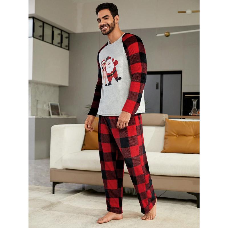 CoupledUp 1pc Christmas Print Raglan Sleeve Tee & 1pc Buffalo Plaid Print Pants PJ Set   Pajama Set