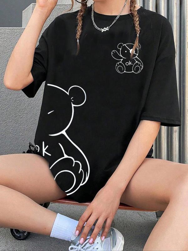 Women's Cartoon Bear & Letter Print Drop Shoulder Tee, Casual Half Sleeve Round Neck T-shirt for Summer, Graphic Tees, Ladies Clothes for Daily Wear