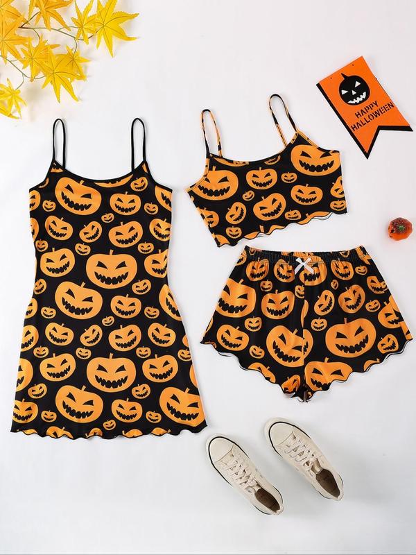 Women's Pumpkin Print Lettuce Trim Pyjama Set, Casual Sleeveless Cami Dress & Bow Decor Shorts & Leisure Wear Top Set, Tight Pj Pants with Crop Top and Nightdress, Fall Halloween Sleepwear Set for Women