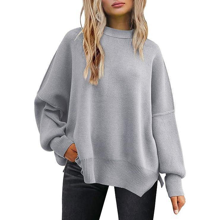 Women's round-Neck Batwing Long Sleeve Sweater Winter Knitting Side Slit Pullover