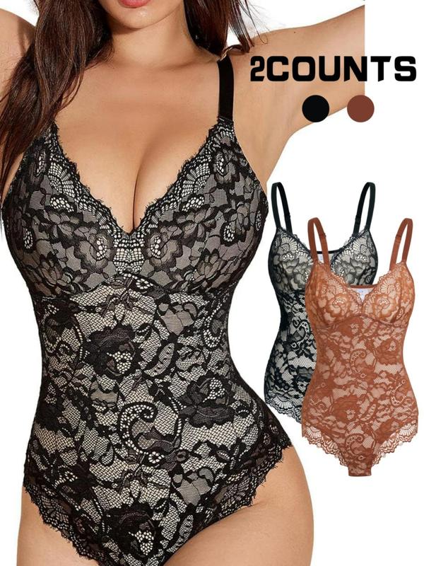 Women's Solid Floral Lace Backless Shapewear Bodysuit, Casual Adjustable Strap V Neck Shapewear Bodysuit, Summer Wear, Women's Shapewear for Daily Wear