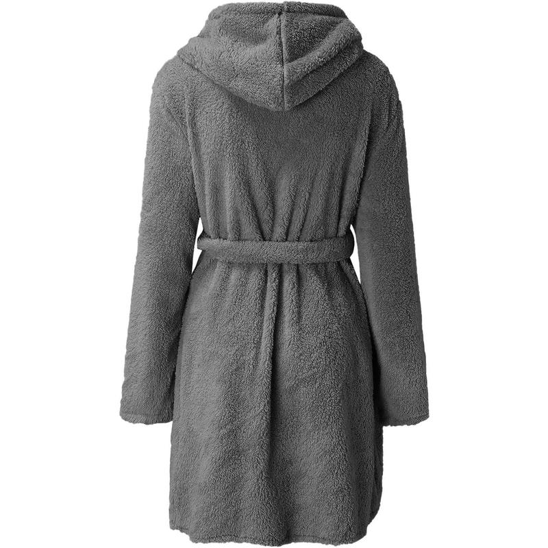 Womens Fuzzy Robe Hooded Short Robe Fall Winte Belt Knee Length Plush Robe Sleepwear Pockets Spa Bathrobe