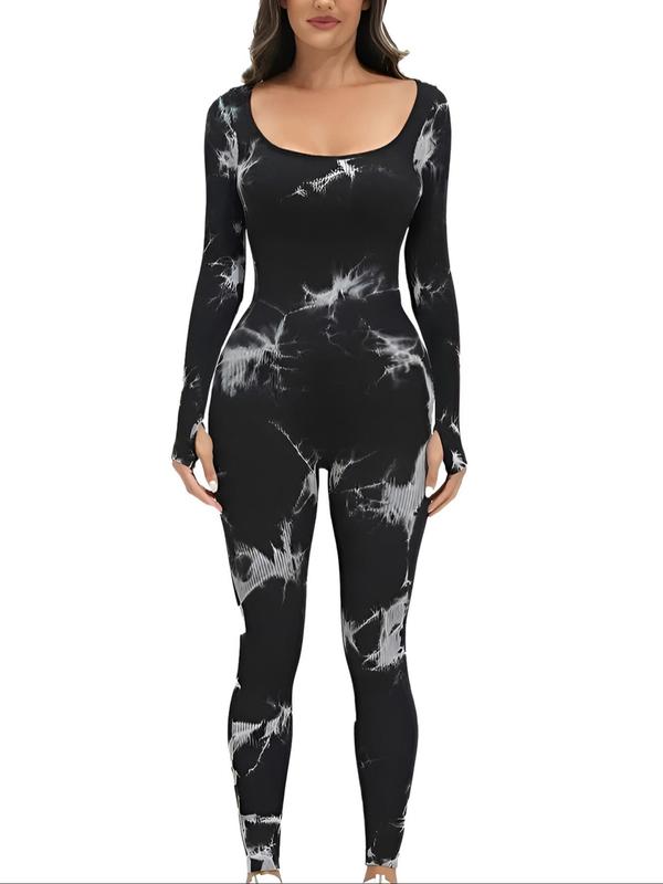 Women's Tie Dye Print Long Sleeve Sports Tummy Control Jumpsuit, Casual Scoop Neck Jumpsuit for Yoga Gym Workout, Gym Clothes for Women, Fall Outfits 2024, Jumpsuit for Women, Workout Clothes, Ladies Sportswear for All Seasons, Gym Set