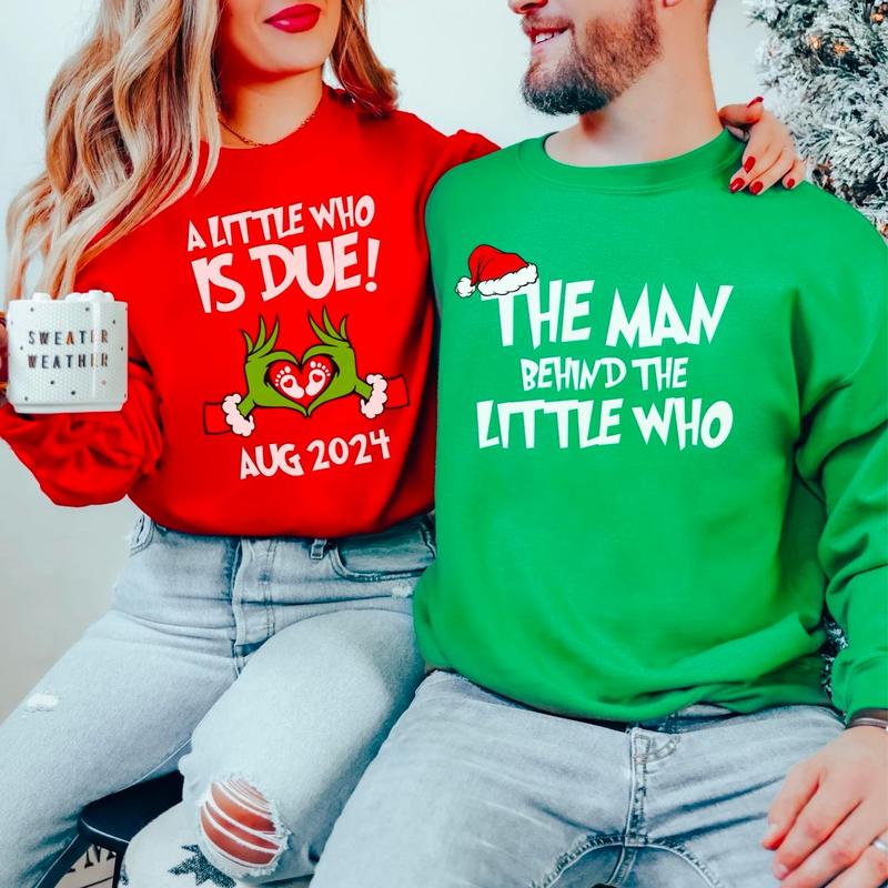 Personalized A Little Who Is Due Couple Sweatshirt, Mommy To Be Shirt, New Dad Shirt, Christmas Pregnancy Reveal Sweatshirt, Christmas Holiday Maternity Sweatshirt, Christmas Pregnant Shirt, Baby Reveal Xmas Party Shirt