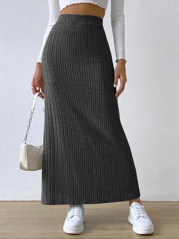 Women's Plain Split Thigh High Waist Ribbed  Skirt, Casual Fashion Long Skirt for Daily Outdoor Wear, Women's Bottoms for Spring & Fall