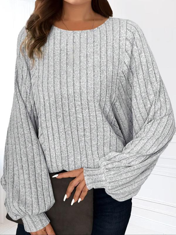  Solid Ribbed Batwing Sleeve Pullover Sweatshirt, Casual Long Sleeve Round Neck Pullover for Spring & Fall, Women's Clothing for Daily Wear