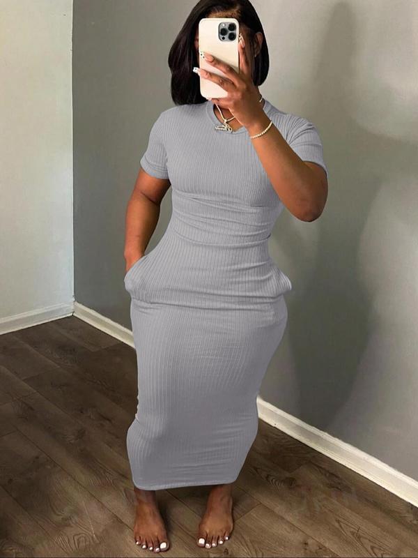  Plain Pocket Round Neck Bodycon Dress, Casual Short Sleeve Ribbed Long Dress for Summer, Back To School Outfits, Summer Clothes, Summer Dresses, Women's Clothing for Daily Wear Casual Wear