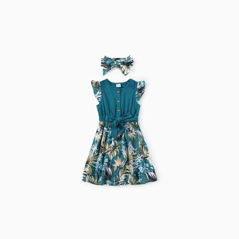 PatPat Family Matching All Over Floral Print Blue V Neck Ruffle Dresses and Short-sleeve Splicing T-shirts Sets