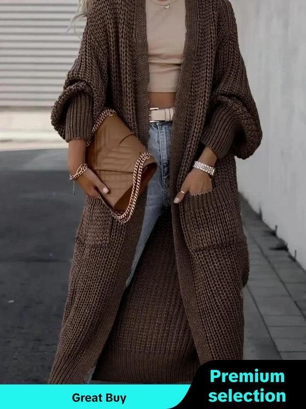 Women's Solid Drop Shoulder Long Cardigan, Casual Pocket Long Sleeve Sweater Cardigan, Cardigan for Women, Ladies Knitwear for Fall Daily Wear, Comfort Knitting Womenswear Tops Longsleeves Basic Minimalist