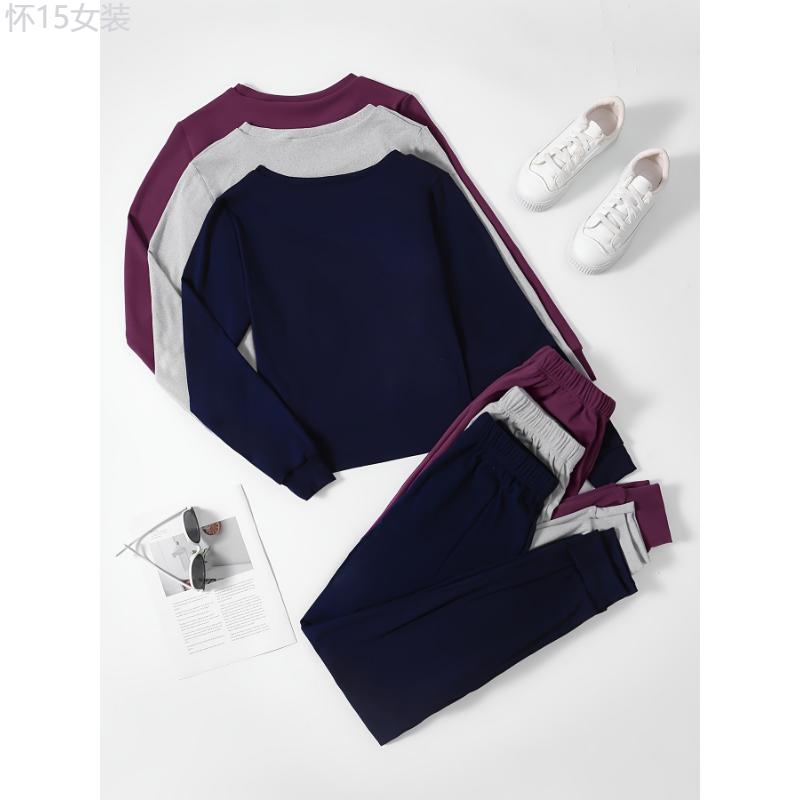 3 Sets Of Women's Activewear Tracksuits, Velvet Fabric, Long Sleeve Tops And Drawstring Pants, Casual Sportswear, Multiple Colors Clothing Womenswear