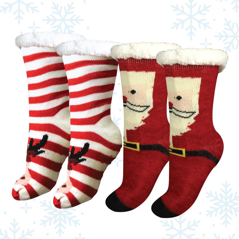 Christmas Slipper Socks for Women, 2 Pairs Cozy Anti-Slip Grip Socks, Fleece Cuffs, Thick Winter Socks