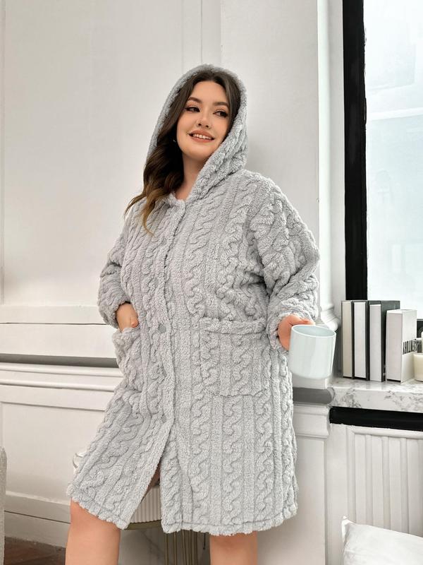  Solid Textured Drop Shoulder Flannel Lounge Robe, Casual Long Sleeve Pocket Hooded Dressing Gown, Women's Sleepwear for Fall & Winter