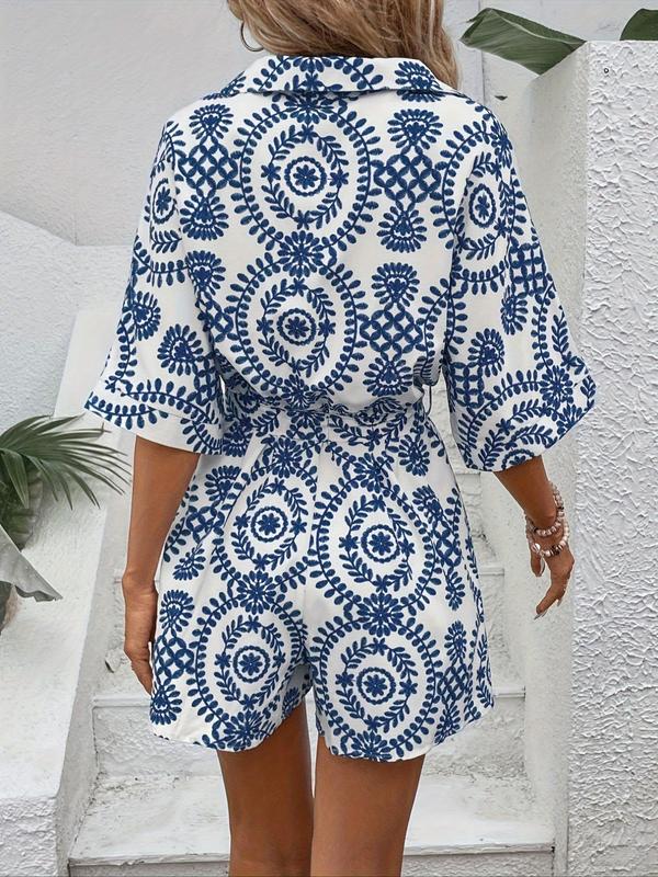 Women's Ethnic Pattern Belted Button Front Vintage Romper, Boho Batwing Sleeve Collar Romper for Beach Holiday Vacation, Ladies Clothes for All Seasons