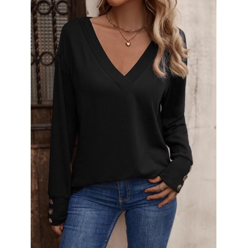 Women's Autumn and Winter New Solid Color and V-neck Loose Long-Sleeved T-shirt Button Top