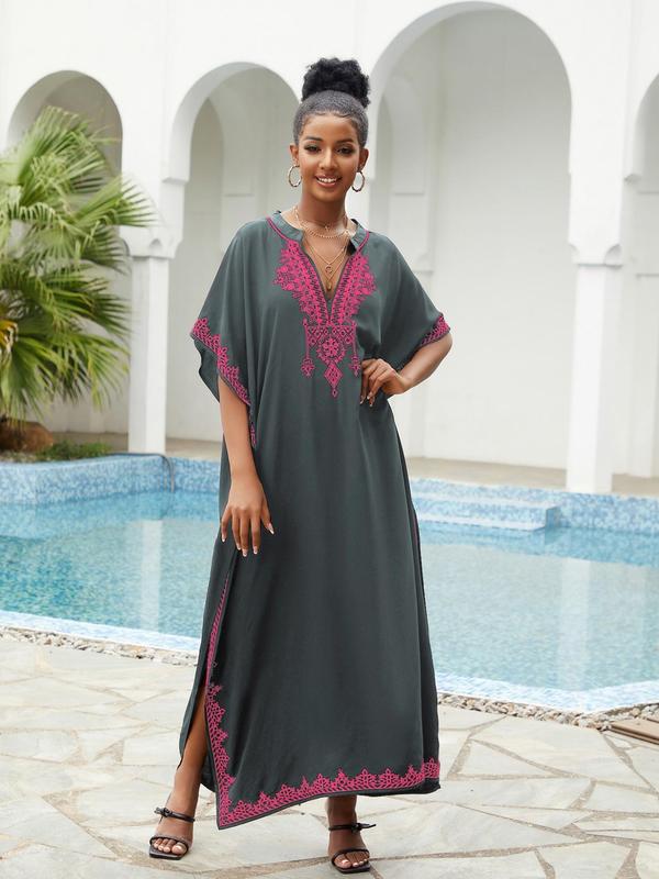 Arabic Clothing- Contrast Binding Notched Side Split Arabian Dress, Casual Embroidery Batwing Sleeve Kaftan, Summer Outfits 2024, Summer Clothes