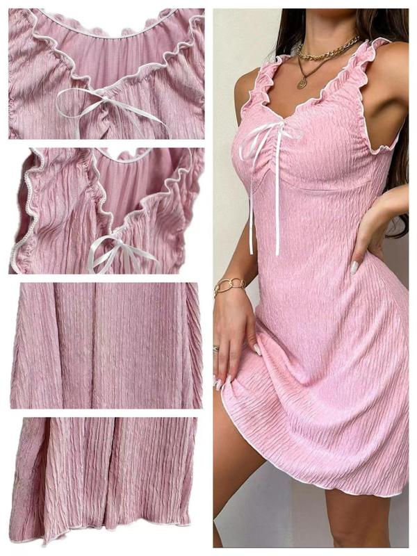 Women's Textured Frill Trim Tie Front Cami Nightdress, Casual Soft Comfortable Ribbed Nightgown for Summer, Fashion Ladies' Sleepwear for Daily Wear