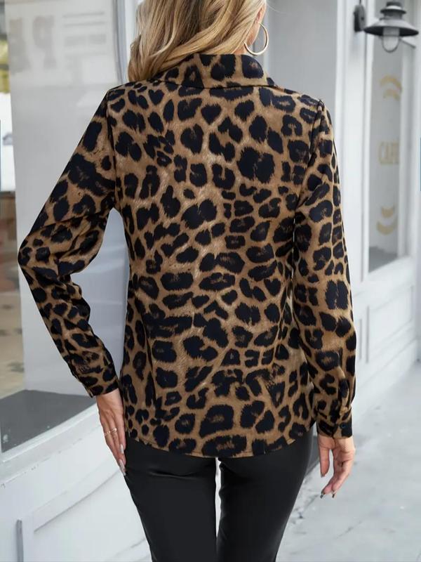 Women's Leopard Print Button Front Shirt, Casual Long Sleeve Collared Top for Fall & Winter, Women's Clothes for Daily Wear