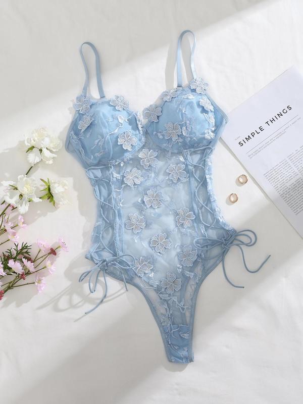 Women's Floral Embroidery Lace Up Teddy Bodysuit, Sexy Adjustable Strap Sheer Tulle Bodysuit for Daily Wear, Women's Lingerie for All Seasons