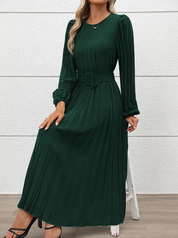 Women's Solid Belted Pleated A Line Dress, Elegant Bishop Sleeve Keyhole Neckline Long Dress for Party Holiday Wedding Guest, Ladies Fall & Winter Clothes