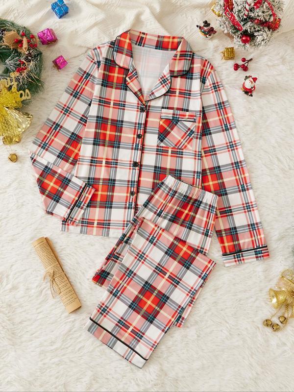 Two-Piece Set Women's Christmas Themed Plaid Print Pajama, Casual Pocket Lapel Neck Button Front Shirt & Elastic Waist Pants PJ Set, Women's Sleepwear for All Seasons