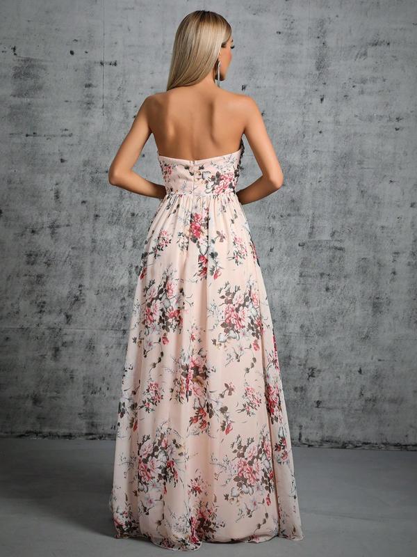 Women's Floral Print Ruched Backless Tube Bridesmaid Dress, Elegant Sleeveless Strapless Maxi Dress for Party Wedding Guest, Ladies Formal Clothes for All Seasons