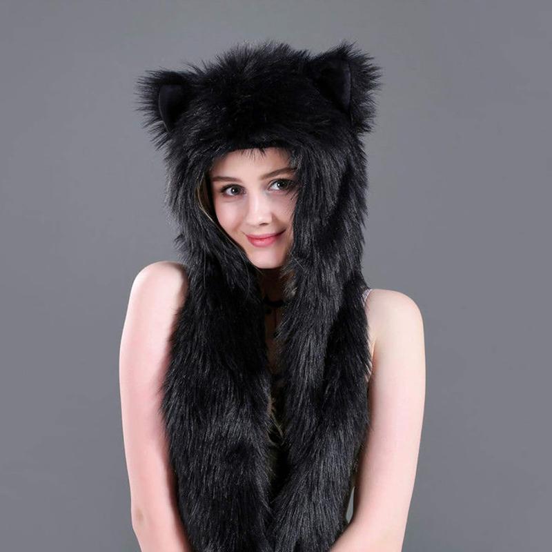 3 in 1 Fx Fur Animal Hood with Paws Fuzzy Novelty Wolf Hats Gloves Scarf Winter Cosplay Hoods Halloween Cosplay