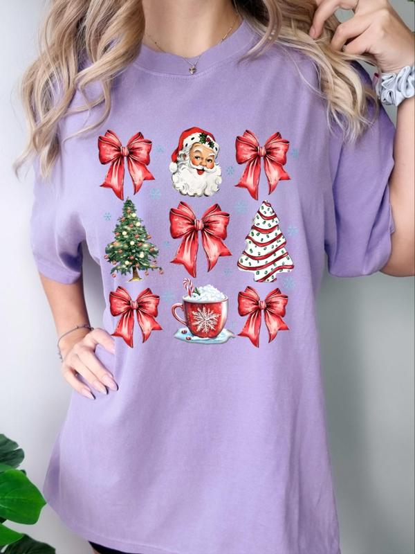 Women's Christmas Themed Print Round Neck Tee, Casual Short Sleeve Crew Neck T-shirt for Summer, Fashion Women's Top for Daily Wear