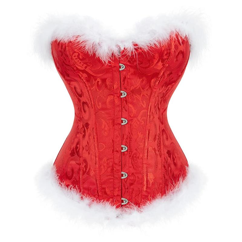 Christmas Ladies Corset Tops, Women Flower Printing Feathers Splicing Front Buckle Back Tie Up Shapewear Cosplay Costume, XS-5XL