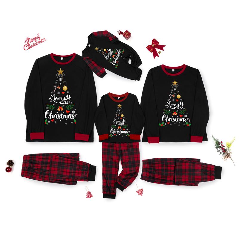 Family-sized Christmas pajamas with letter and snowflake print long-sleeved top and free plaid trousers