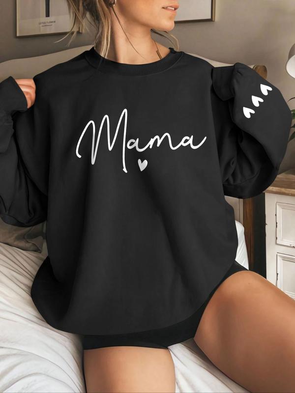 Women's Cartoon Mama Letter & Heart Print Pullover Sweatshirt, Casual Long Sleeve Crew Neck Pullover for Fall & Winter, Women's Clothes for Daily Wear