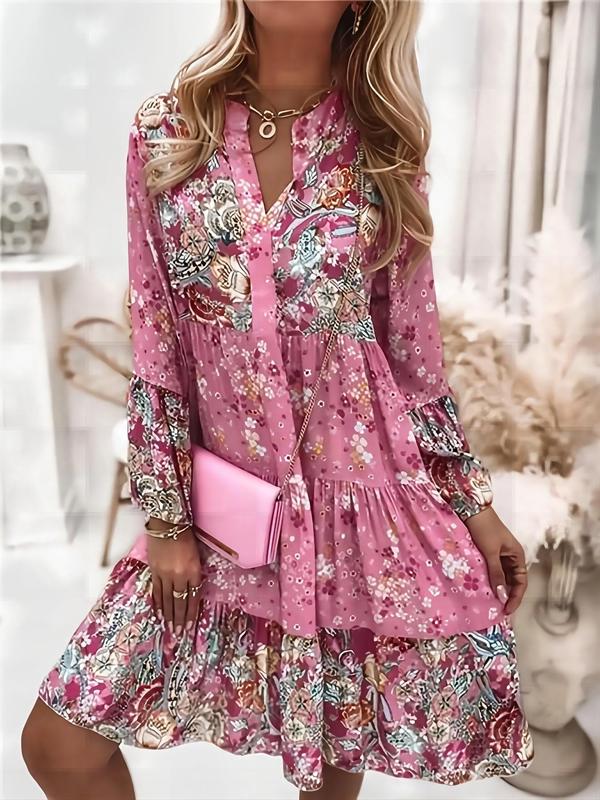 Women's Ditsy Floral Print Patchwork Tiered Layer Vintage Smock Dress, Boho Flounce Sleeve Short Dress for Daily Wear, Ladies Dress for Spring & Fall