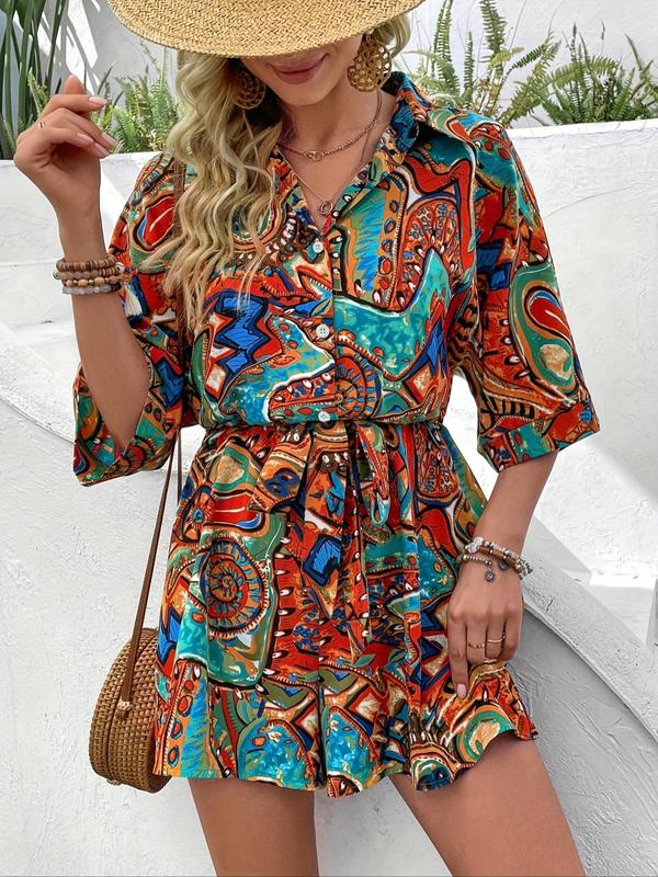 Women's Ethnic Pattern Belted Button Front Vintage Romper, Boho Batwing Sleeve Collar Romper for Beach Holiday Vacation, Ladies Clothes for All Seasons