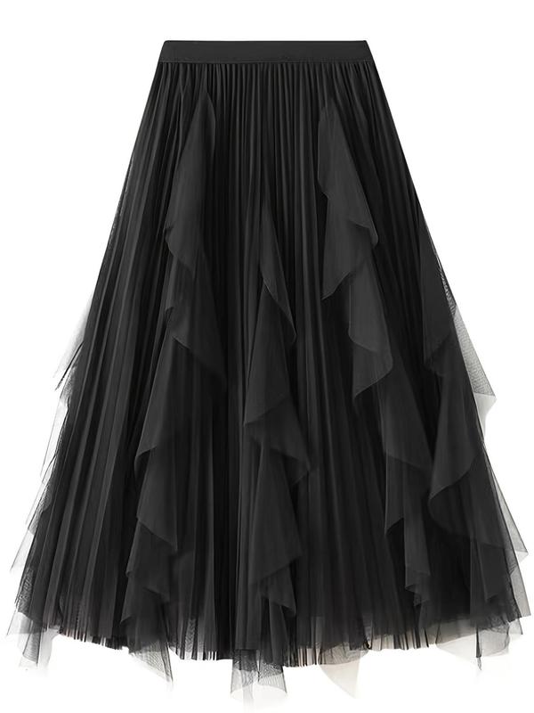 Women's Plain Draped Ruffle Pleated Tulle Vintage Skirt, Elegant Midi A-line Skirt for Party Dating Wear, Ladies Spring & Fall Bottoms