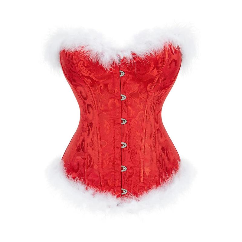 Christmas Ladies Corset Tops, Women Flower Printing Feathers Splicing Front Buckle Back Tie Up Shapewear Cosplay Costume, XS-5XL