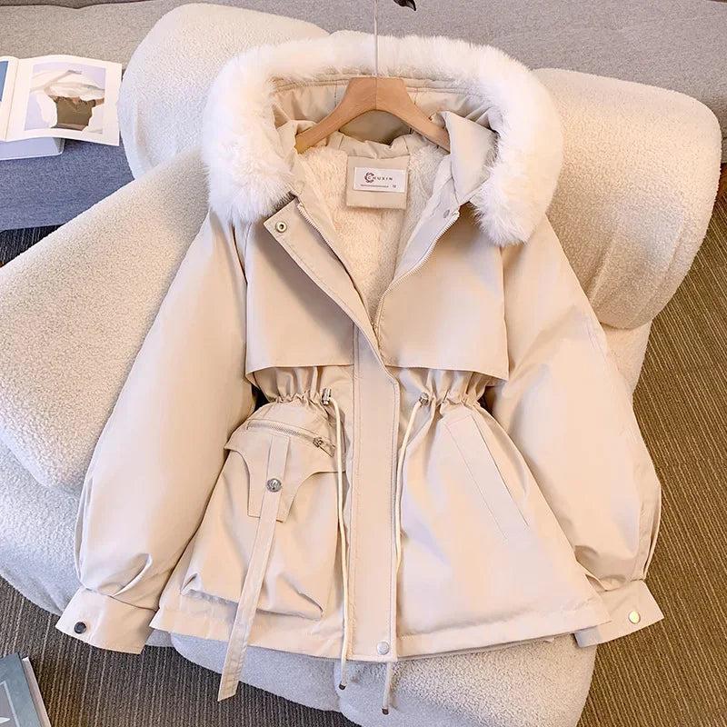 Women's Medium-length Waist-fitted SlimmingHooded Cotton-padded Jacket Warm FleeceLining Korean Style Autumn winter Coat